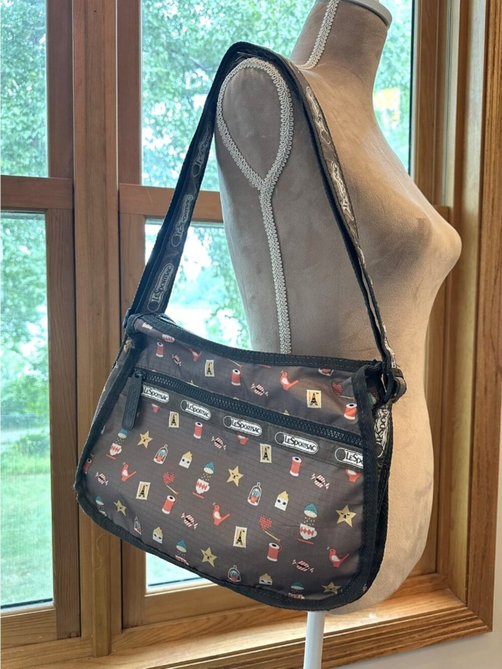LeSportsac Artist in Residence Print Crossbody Bag Gray Paris Bird Sewing Travel